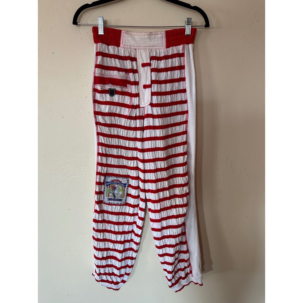 Phyllis Sues Vintage Red White Striped Crinkle Pants Tropical Patch Retro Small - Picture 1 of 16